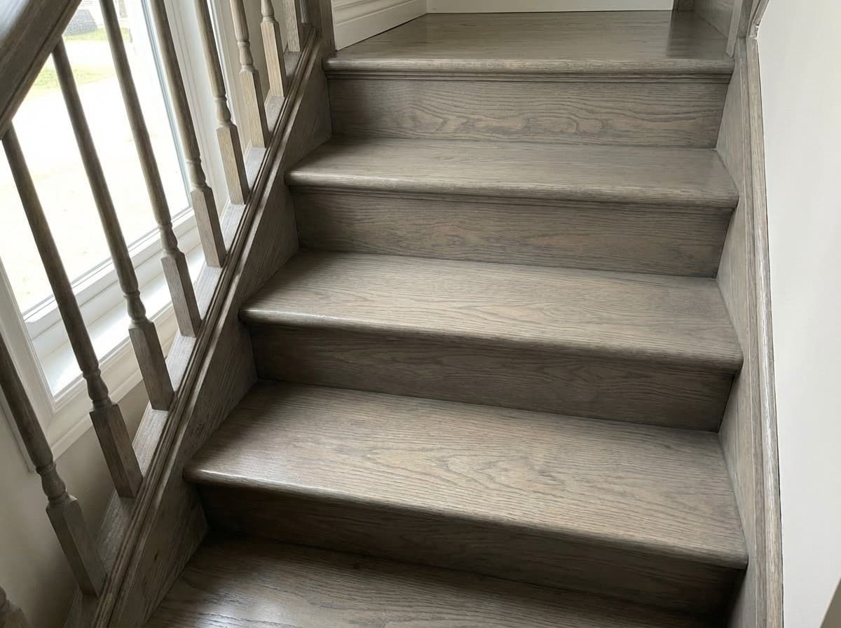 After: Freshly sanded and stained hardwood stairs