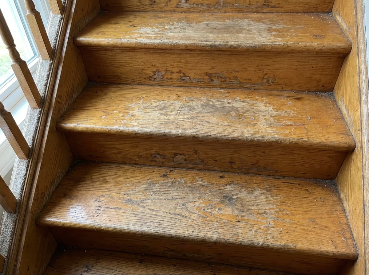Before: Scratched and worn hardwood stairs