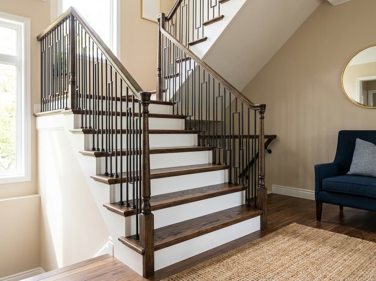 Beautiful renovated staircase with dark walnut hardwood treads and white risers
