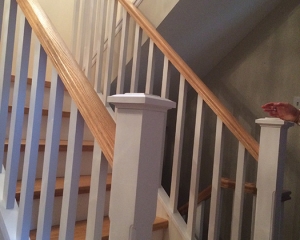 BOX STAIR-SMALL LANDING-NEW STRINGERS-SOLID OAK-MEDIUM DARK FINISH-NEW OAK RAILING-SQUARE CHAMFERED-OAK WOOD PICKETS-CAPPING-REFACING